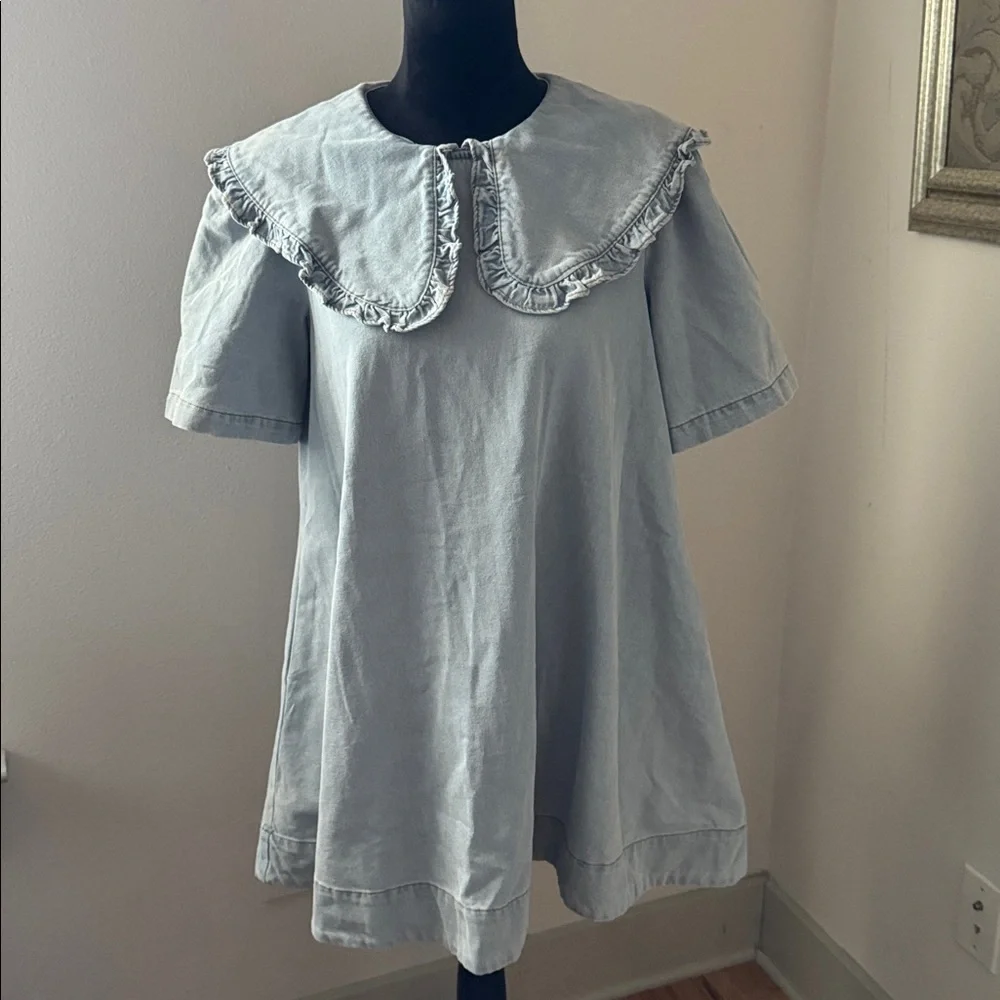 Amable by Mable Peter Pan collared light Wash denim mini dress shirt sleeve Sz S - Picture 5 of 15